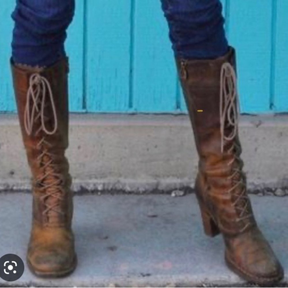 Vintage Frye Villager Brown Leather Knee High Tall Heeled Zip Up Lace Up Boots - Picture 2 of 15